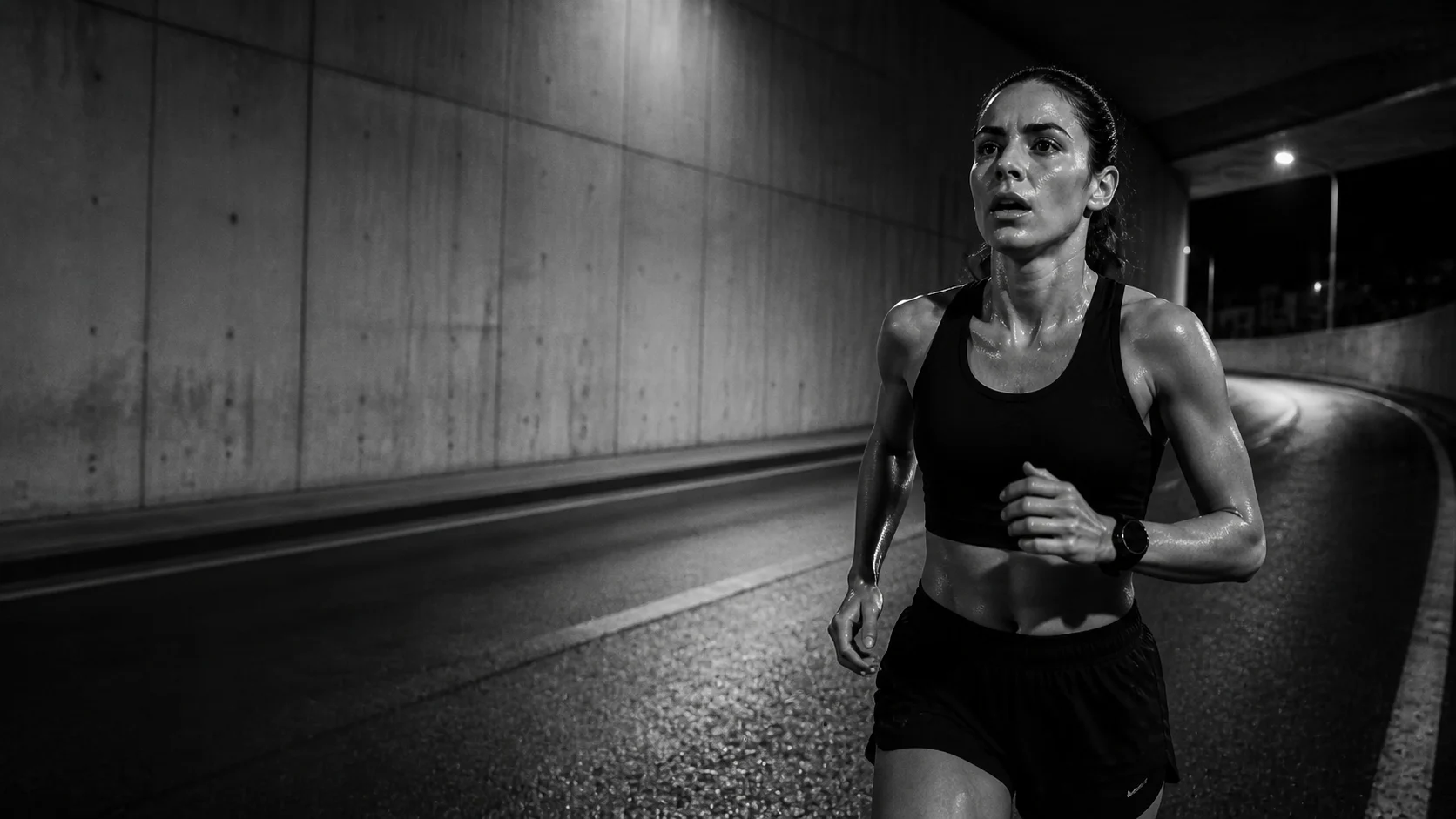 Reference-guided BAD campaign frame of an endurance athlete running through a concrete underpass at night