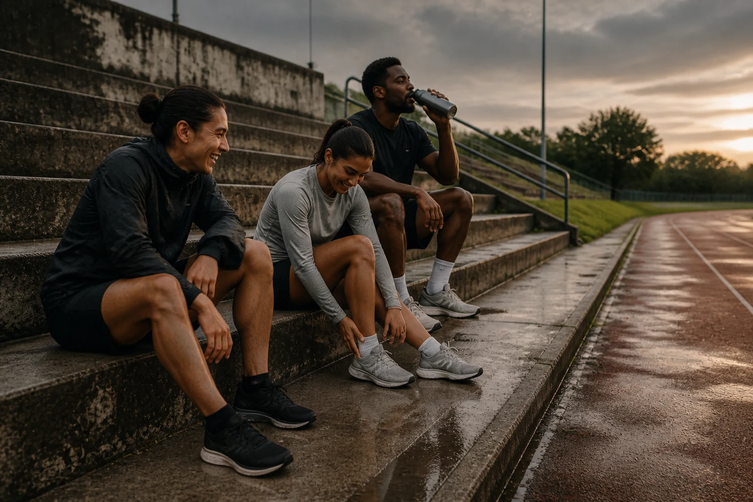 Approved fictional BAD campaign frame of athletes recovering together beside a track