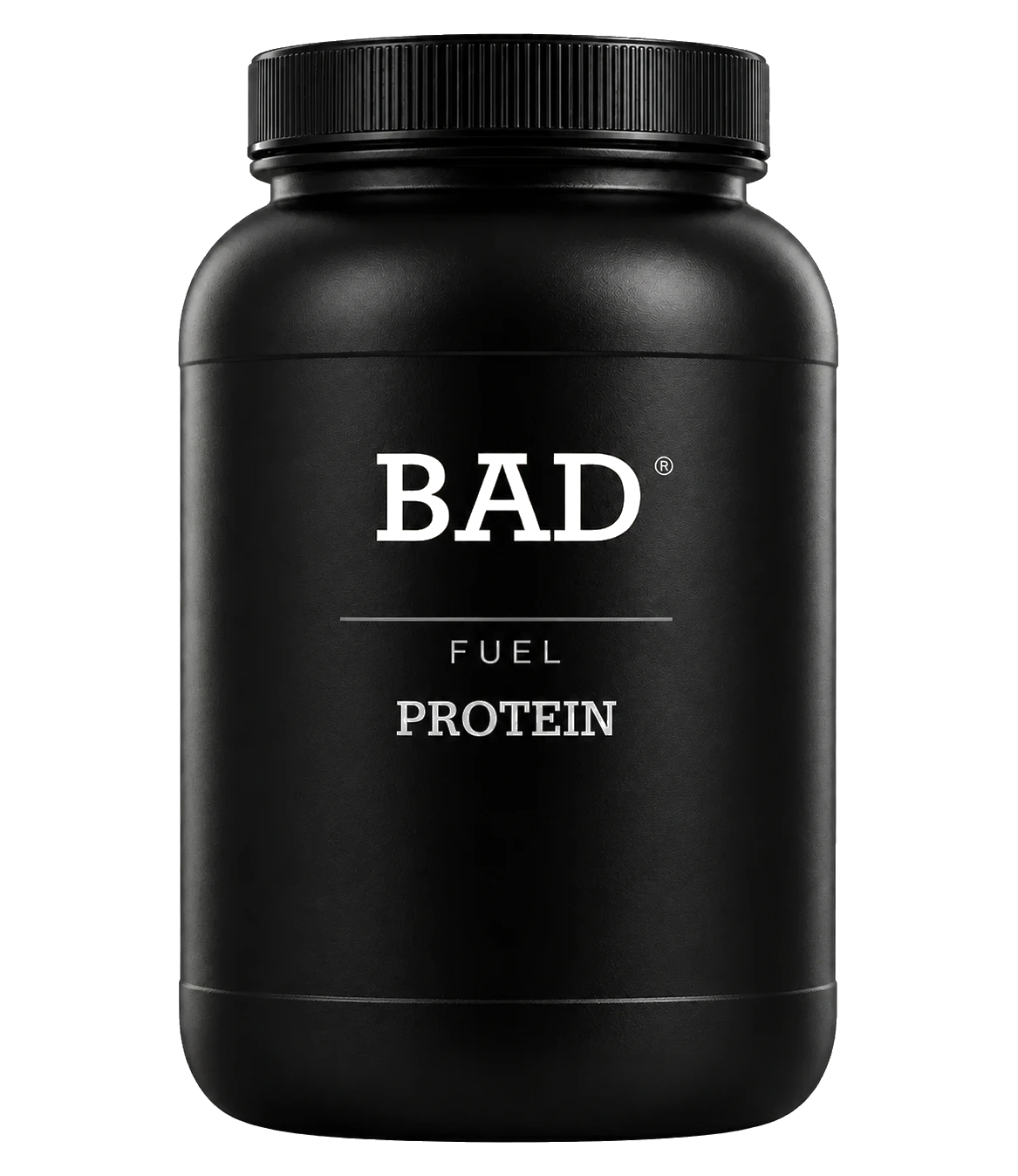 Transparent grayscale reference-guided concept render of a matte black BAD Fuel protein tub