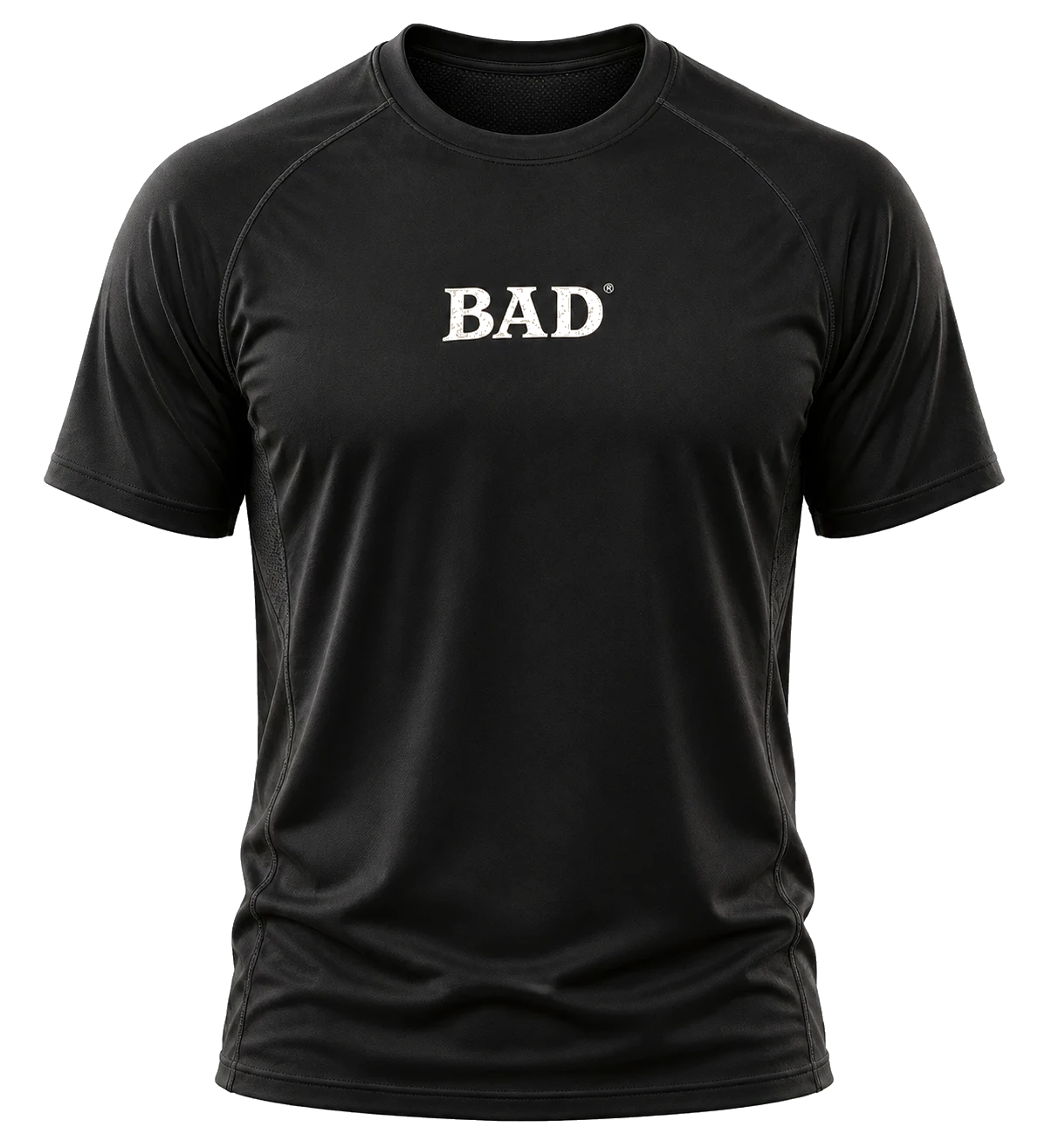 Transparent grayscale reference-guided concept render of a black BAD technical running tee with a restrained BAD wordmark