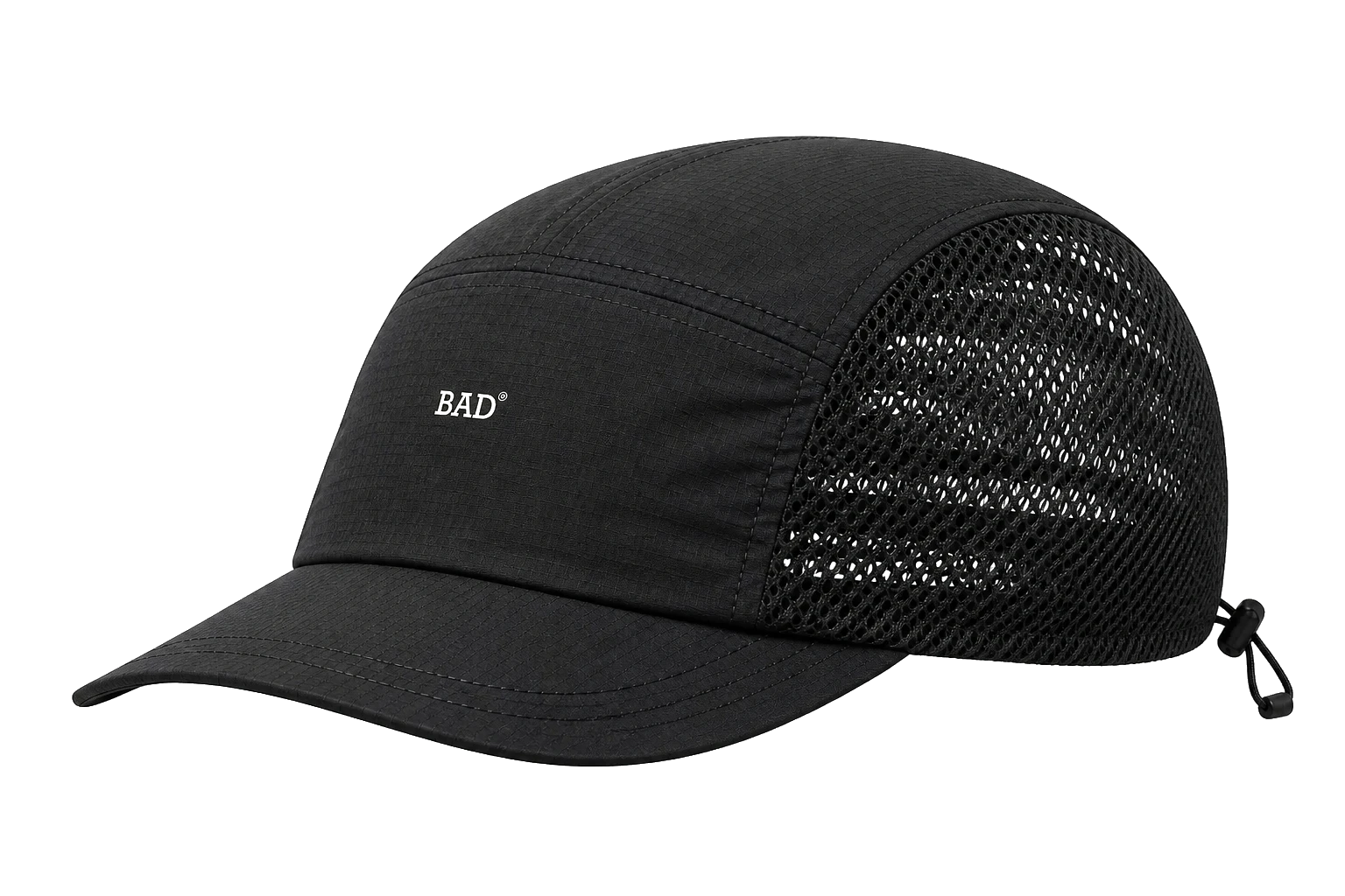 Transparent grayscale reference-guided concept render of an ultralight BAD technical running cap with a low five-panel crown, fine mesh ventilation, short brim, and cord adjuster