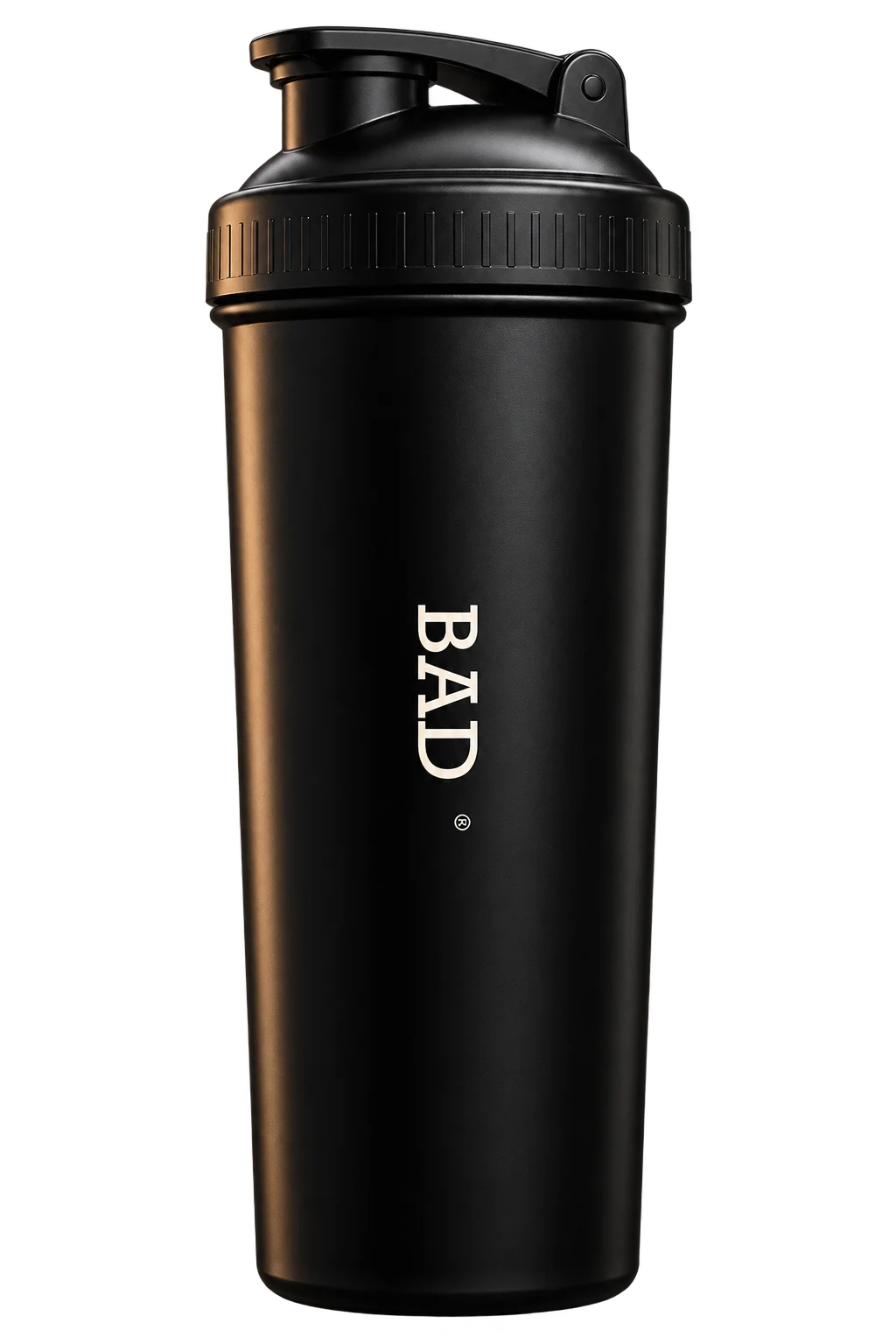 Transparent reference-guided concept render of a matte black BAD performance shaker