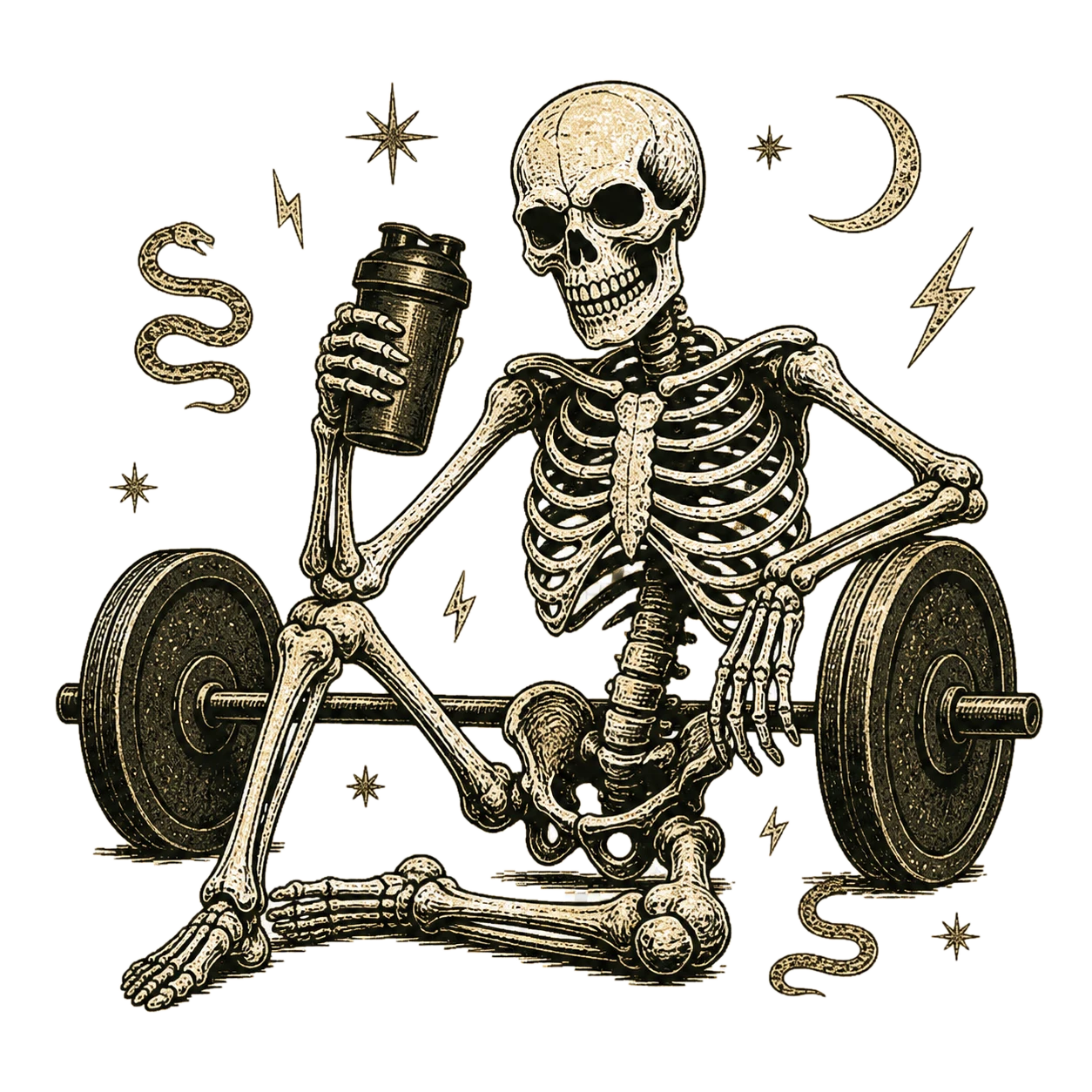 OpenAI-generated vintage BAD skeleton resting beside a barbell with snake, star, moon, and lightning accents